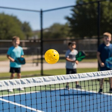  bright yellow pickleball hovering over a net on a dedicated outdoor pickleball court. In the blurred background, children enjoy their time playing, highlighting authentic everyday happiness. Natural 