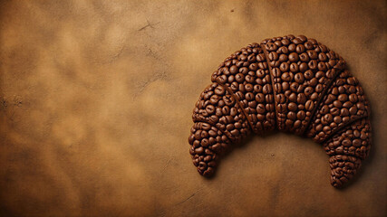 Obraz premium Croissant made from coffee beans background, advertising card for a coffee shop or cafe, horizontal banner, free space for text