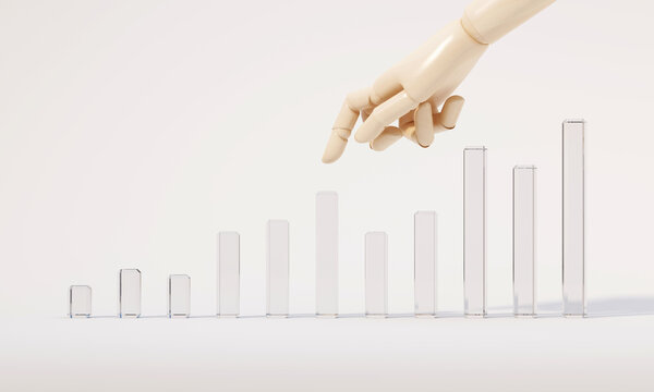 3d rendering of a wooden hand pointing to a rising transparent bar chart on a white background, symbolizing investment growth and positive financial performance.