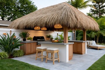 Fototapeta premium Tropical outdoor kitchen with tiki bar design