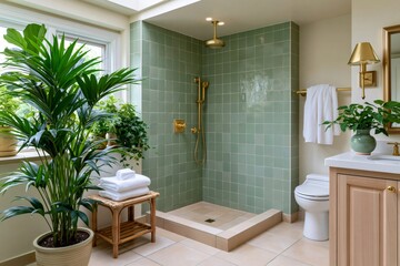 Fototapeta premium Modern bathroom featuring walk-in shower, green tiles, and houseplants