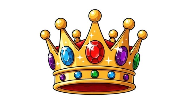 A cartoon-style gold crown adorned with multicolored gems on a white background