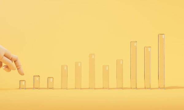 3d rendering of a wooden hand beside a transparent upward bar chart with year labels on a yellow background, representing long term investment growth and success.