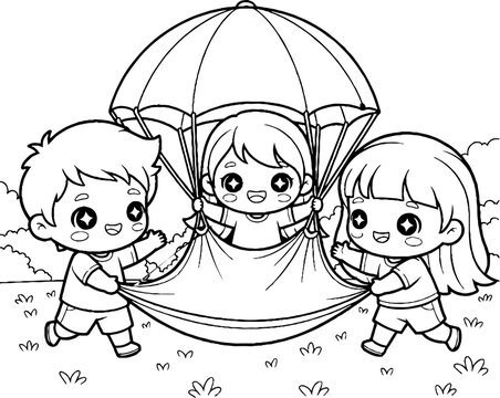 Three children happily sharing a parachute toy outdoors.