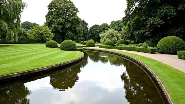 Manicured formal garden with a winding canal and sphere topiary on a green lawn