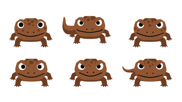 Set of Six Cute Cartoon Toads with Different Expressions and Poses.