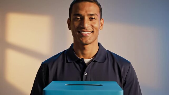 Confident young volunteer holding teal donation bin for charity drive in simple indoor setting, clean nonprofit fundraising portrait with warm side light, navy shirt, and calm supportive smile