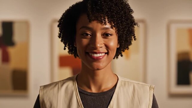 Warm young woman volunteer holding red donation box during charity drive inside community support room, close portrait with curly hair, beige vest, soft gallery background, and caring hopeful mood