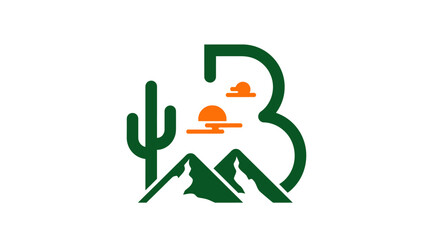 Letter B nature logo with mountains cactus and sun © klx