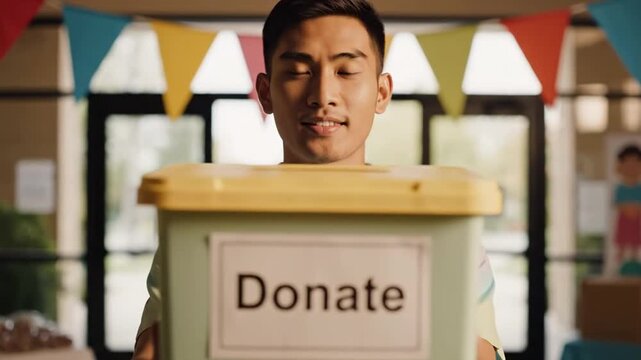 Focused young volunteer holding pastel green donation bin at indoor community charity drive, clean fundraising portrait with colorful bunting, soft hall light, and sincere supportive expression