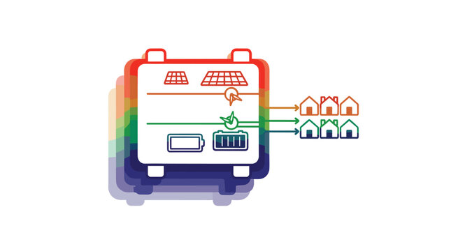 A technical line art diagram shows a central energy hub with solar input and battery storage distributing electricity to six individual residential houses on a white background.