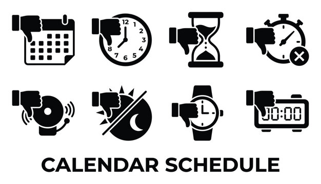 Calendar schedule negative icons set filled style with thumbs down calendar clock hourglass stopwatch alarm.