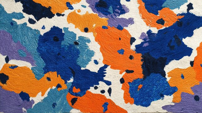 Dynamic abstract pattern with irregular orange, blue and purple paint splotches on white background, thick rough brushstrokes and dotted blue areas, full-frame non-objective art