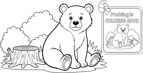 Cute polar bear cub sitting by tree stump coloring page illustration © Sajminnahar