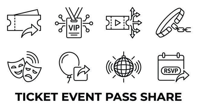 Set of line icons for event pass and ticket sharing features for digital membership or access cards.