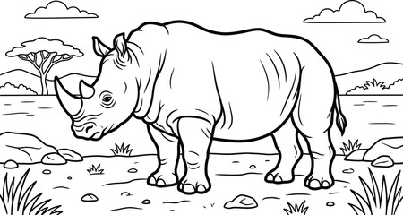 Rhino illustration in african savannah landscape black and white line art © Sajminnahar