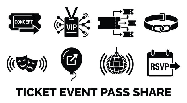 Solid black silhouette icons showing various concepts of event ticketing and digital pass management.