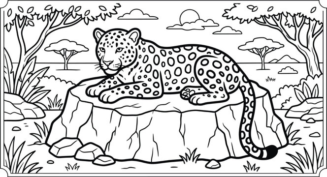 Leopard resting on rock outcrop african savannah line art illustration