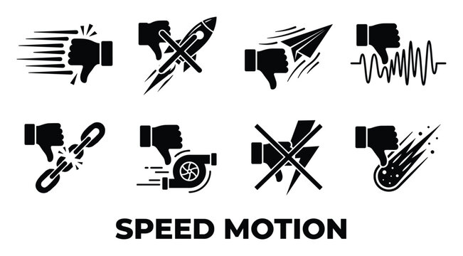 Speed and motion icons with thumbs down, illustrating slow progress, setbacks and performance issues.