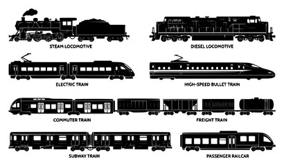 Various train silhouettes vector set with locomotive passenger and freight rail transport isolated on white background © abdul