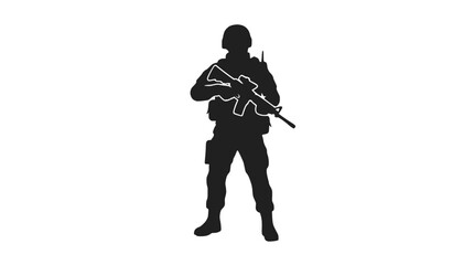Fototapeta premium Armed soldier silhouette holding assault rifle standing alert