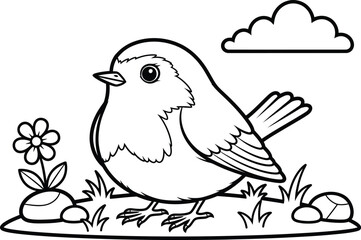 Fototapeta premium Cute bird standing on grass with flower and cloud