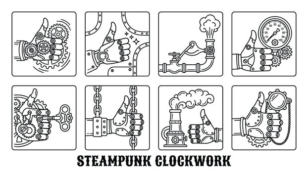 Steampunk clockwork thumbs up icons line art set.