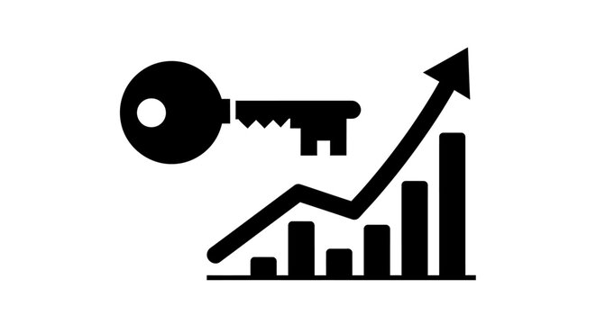 A key unlocks business growth with a rising graph and increasing bar chart
