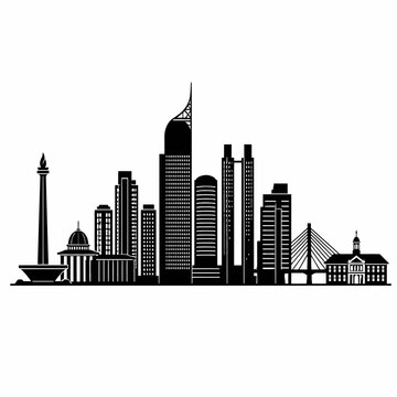 Black silhouette of Jakarta city skyline with Monas landmark.