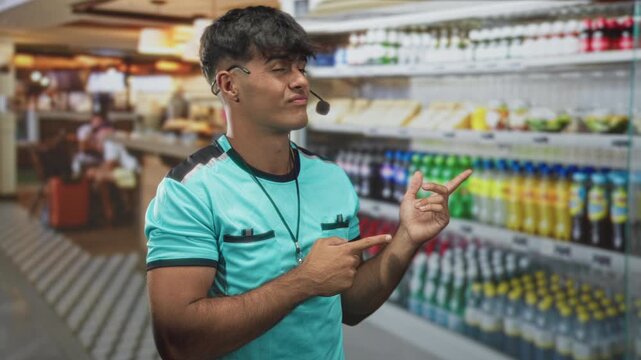 Referee man pointing finger at bottled drinks wearing a headset microphone in a supermarket building; helpful service.