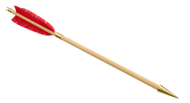 Traditional wooden archery arrow featuring bright red fletching and a polished golden metal tip isolated on white background