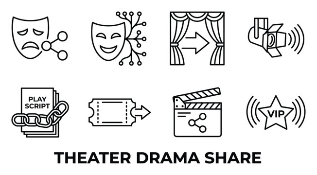Theater drama share icons set line art with play script ticket clapper board and VIP star symbols.