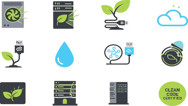 Green Technology and Eco Friendly Computing Icon Set with Sustainable Data Server Clean Code Cloud and Energy Saving Software Vectors