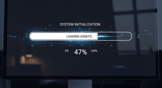 System initialization progress bar on computer screen loading assets at 47 percent with digital circuit glow in a dark room