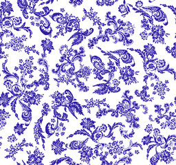 Blue floral pattern with birds and botanical motifs on white background © Wolfworker