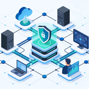 Isometric network security concept with secure server infrastructure data protection and digital firewall shield guarding online cyber network information from unauthorized access hacking attempts