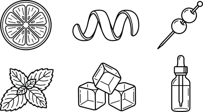 Cocktail Ingredients and Beverage Garnishes Line Art Icon Set featuring Citrus Slice Orange Twist Olive Pick Mint Leaves Ice Cubes and Bitters Dropper Bottle