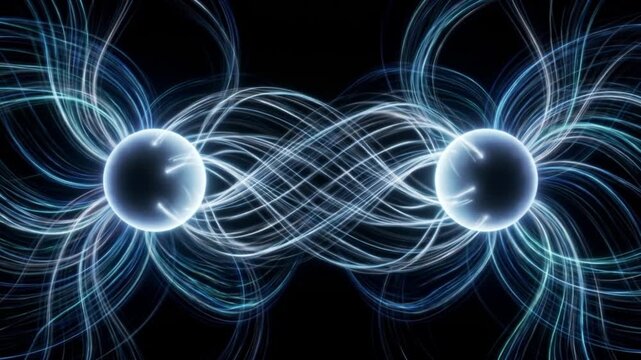 暗闇で繋がる量子もつれと発光する球体の抽象的なループ背景