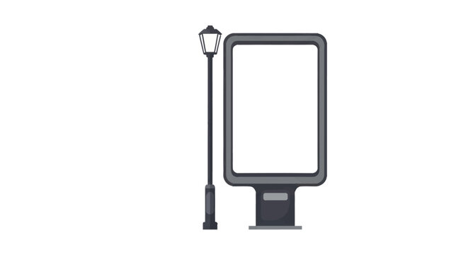Flat vector illustration of a blank vertical city lightbox billboard stand next to a classic street lamp post, isolated on a white background for advertisement mockups and design.