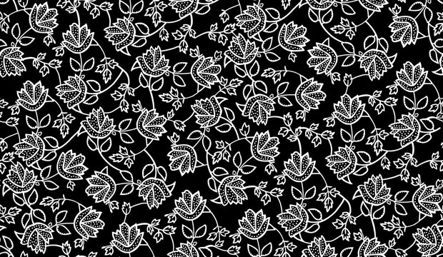 Seamless black floral lace pattern with intricate leaf and flower motifs
