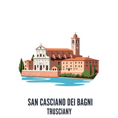 Obraz premium Flat vector illustration of San Casciano dei Bagni in Tuscany, Italy, featuring a historic church with a clock bell tower, terracotta roofs, stone walls, and green cypress trees.