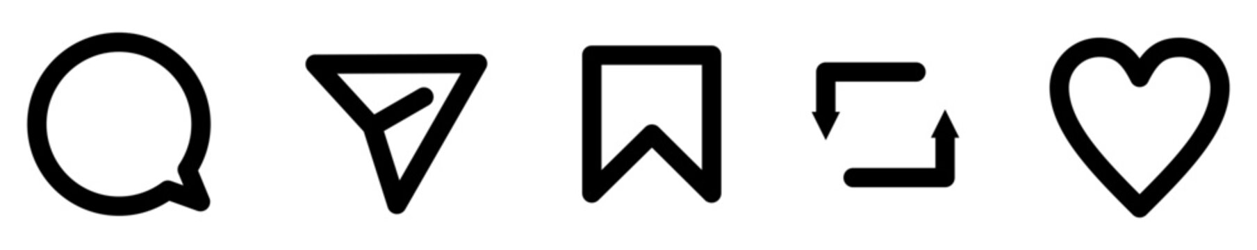 Instagram social media interaction line icon set with like comment save share and repost symbols.