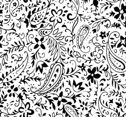 Seamless floral damask pattern in black and white on light background © Wolfworker