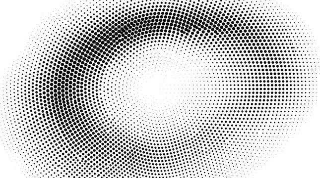 Halftone radial gradient background, black and white circular dot pattern, abstract halftone swirl texture, vector eps illustration for graphic design