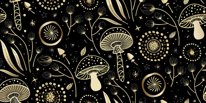Golden mushroom pattern on black background a detailed vector illustration