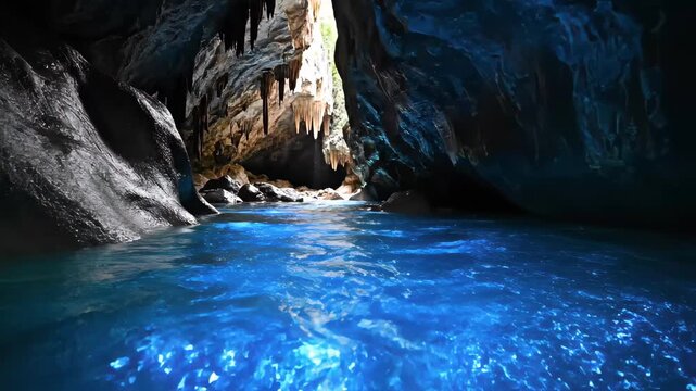 Mysterious underground river in limestone cave, glowing blue water in dark cavern, stalactites hanging from rocky ceiling in subterranean grotto