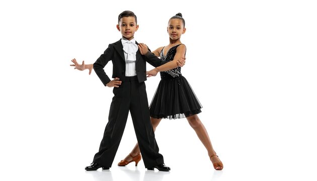 A young couple in dance attire posing elegantly