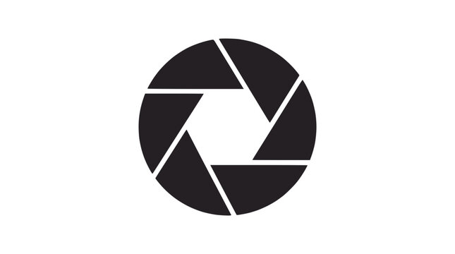 Camera lens aperture icon on dark background.