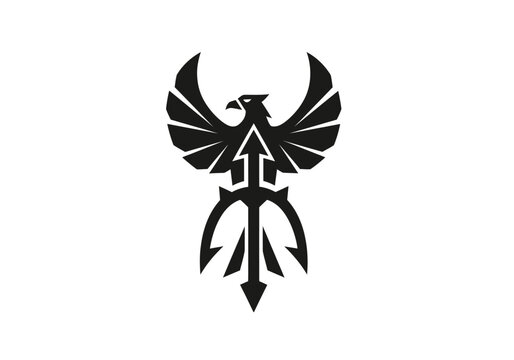 Minimalist black eagle logo with trident symbol on white background