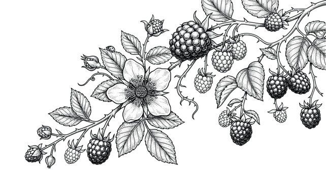 Vintage blackberry branch illustration, hand drawn botanical sketch of wild berries and flowers, black and white garden bramble vector art